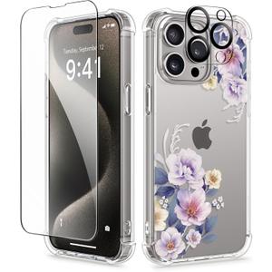 GVIEWIN for iPhone 15 Pro Max Case, [3 in 1] with Screen Protector & Camera Lens Protector, Clear Hard Shockproof Slim Fit Floral Phone Cover for Women Girls 2023 6.7"(Begonia Flowers/Blue)