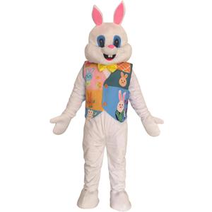 Easter Bunny Mascot Costume with Colorful Patchwork Vest, Yellow Bow Tie, Pink Ears, Adult Size Full Body Character Suit