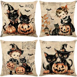 Vintage Halloween Throw Pillow Covers 18x18 inch, Retro Girls Cats Pillow Cases for Couch Sofa Decor Set of 4 (Style 5)