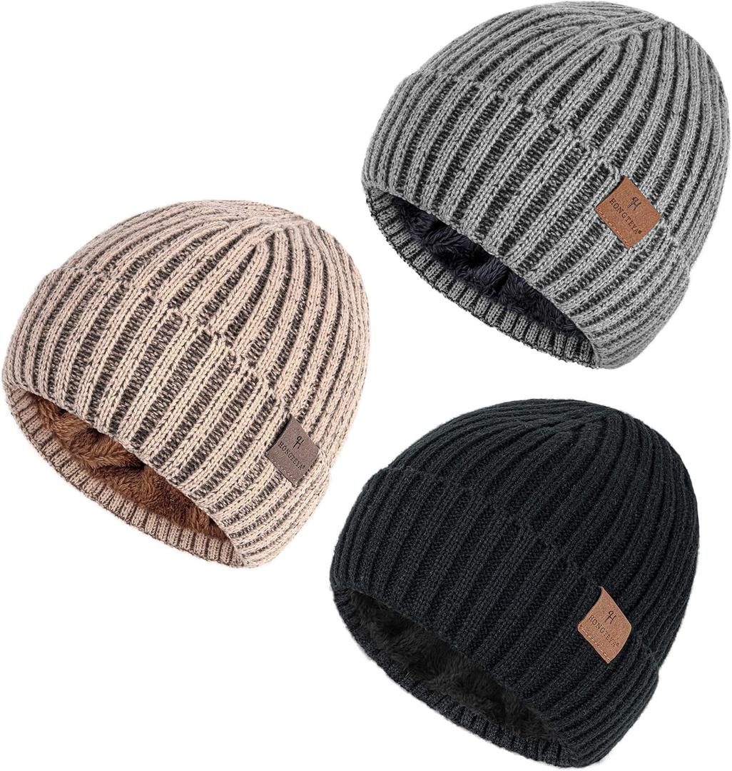 HONGTEYA 3 Pack Winter Beanie for Men Women, Thicken Thermal Plush Lined Beanie Fashion Warm Knit Hat for Cold Weather (One Size, Khaki+Gray+Black)