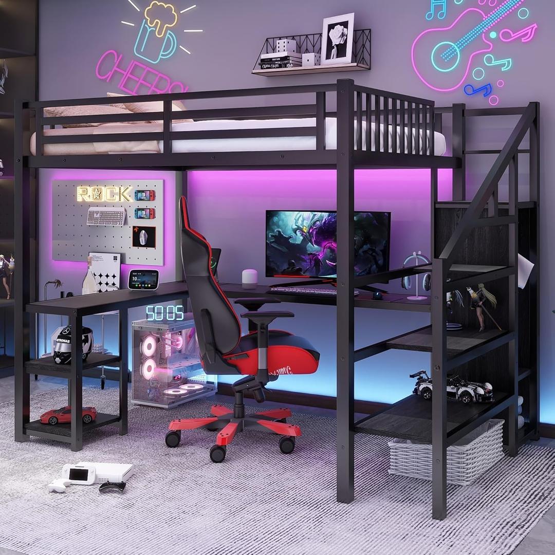 Full Size Loft Bed with Desk and Stairs,Metal Gaming Loft Bed Full with Wardrobe and Shelf, High Loft Bed with LED & USB Charging Station for Teens, Adults, Space Saving Design,Black