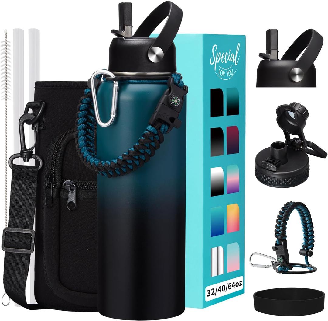 32/40/64OZ Insulated Water Bottle - Keep Cold 48H Hot 24H, Combo Straw/Spout Lids, Paracord Handle for Gym/Hiking, Carrier Bag +Strap, Cup Mat, BPA-Free Stainless Steel Flask Jug (Indigo Black)