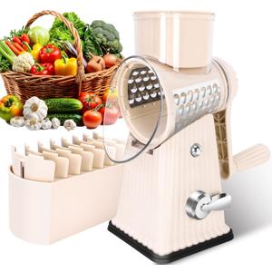 Rotary Cheese Grater with 5 Well-designed Blades & Strong Suction Base, Kitchen Mandoline Vegetable Slicer with Blade Storage Box(Off-white)