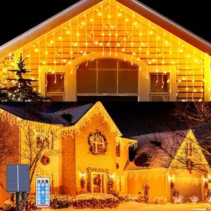 Solar Icicle Lights Outdoor, 23Ft 256 LEDs Christmas Icicle Lights with 8 Lighting Modes, Remote Control, IP65 Waterproof Curtain Fairy Lights with 32 Drops for Window Xmas Garden Gazebo (7M)