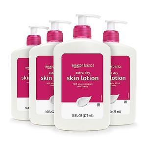 Amazon Basics Non-Greasy Body Moisturizer Lotion for Extra-Dry Skin with Vitamins B5 & E, Clean Scent, 16 fl oz, 4-Pack (Previously Solimo)
