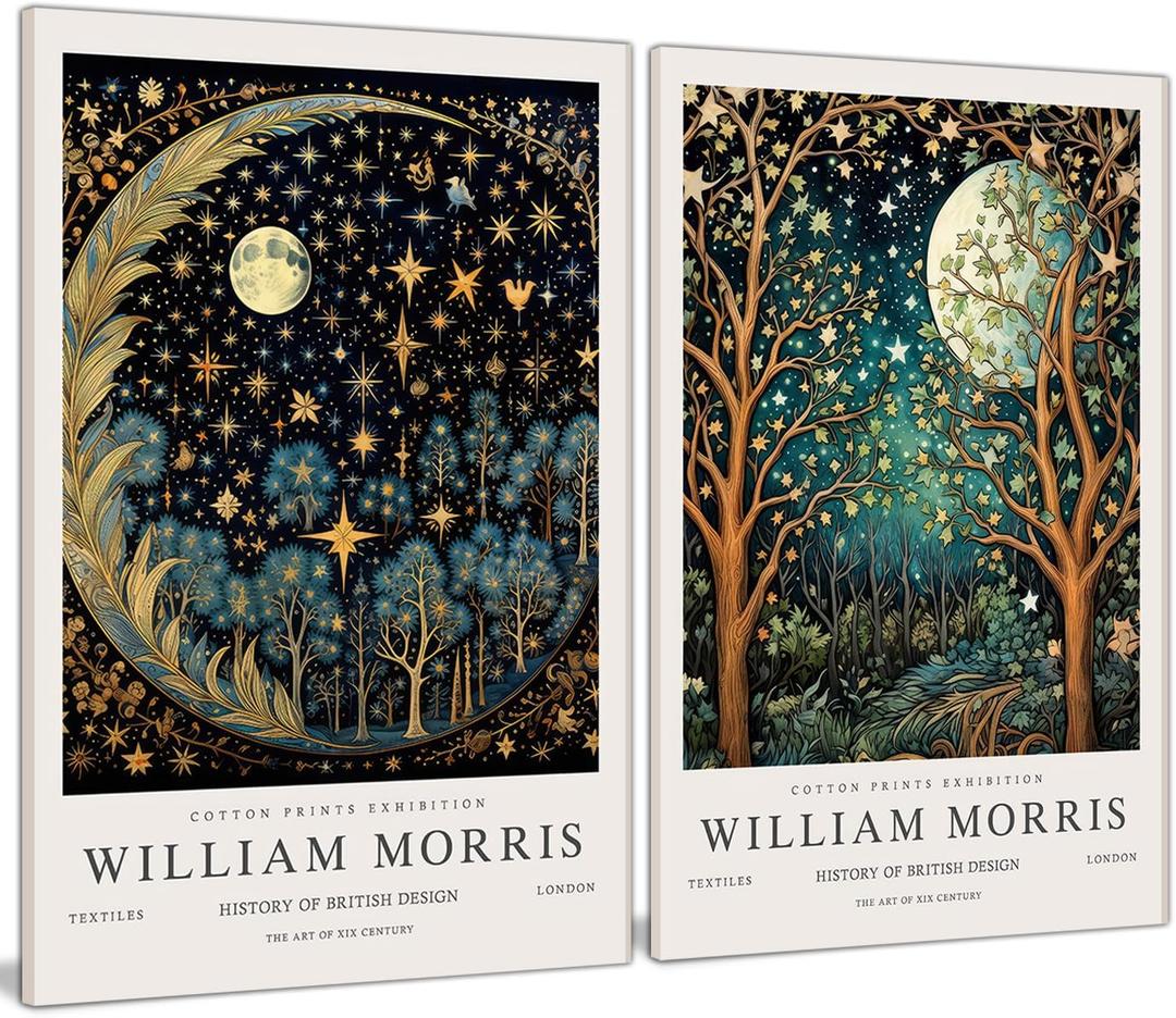 William Morris Canvas Wall Art Set of 2, Vintage Moon & Stars Posters Prints Painting Art, Framed Botanical Art Wall Decor for Bedroom Kitchen Living Room Office 12x16 Inch