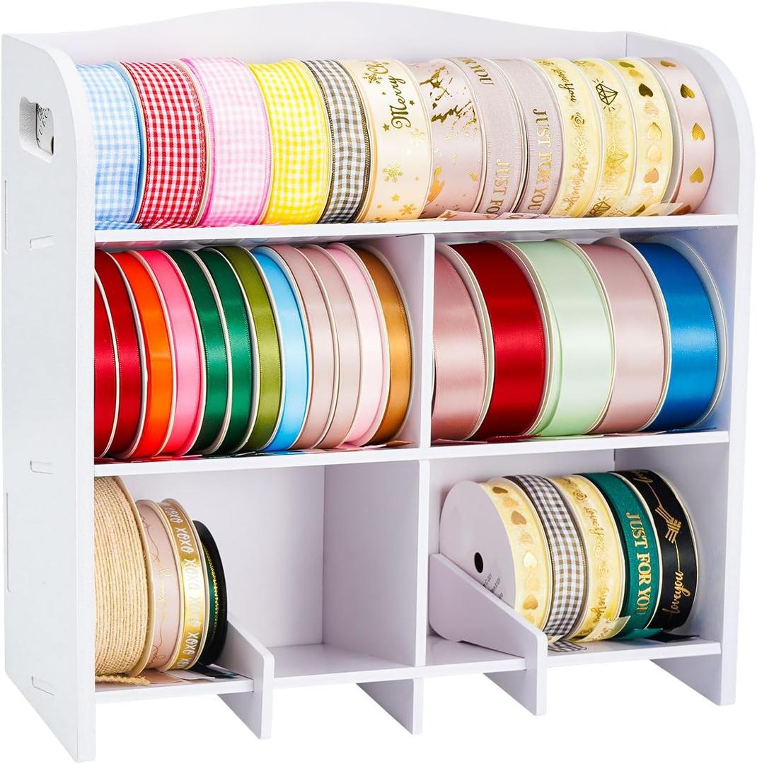 Krafetto Small Roll Ribbon Storage Organizer Rack, Wall-Mountable Ribbon Holder Rack for Craft Room, Desktop Ribbon Spool Holder Organizer for Ribbons up to 4" in Diameter