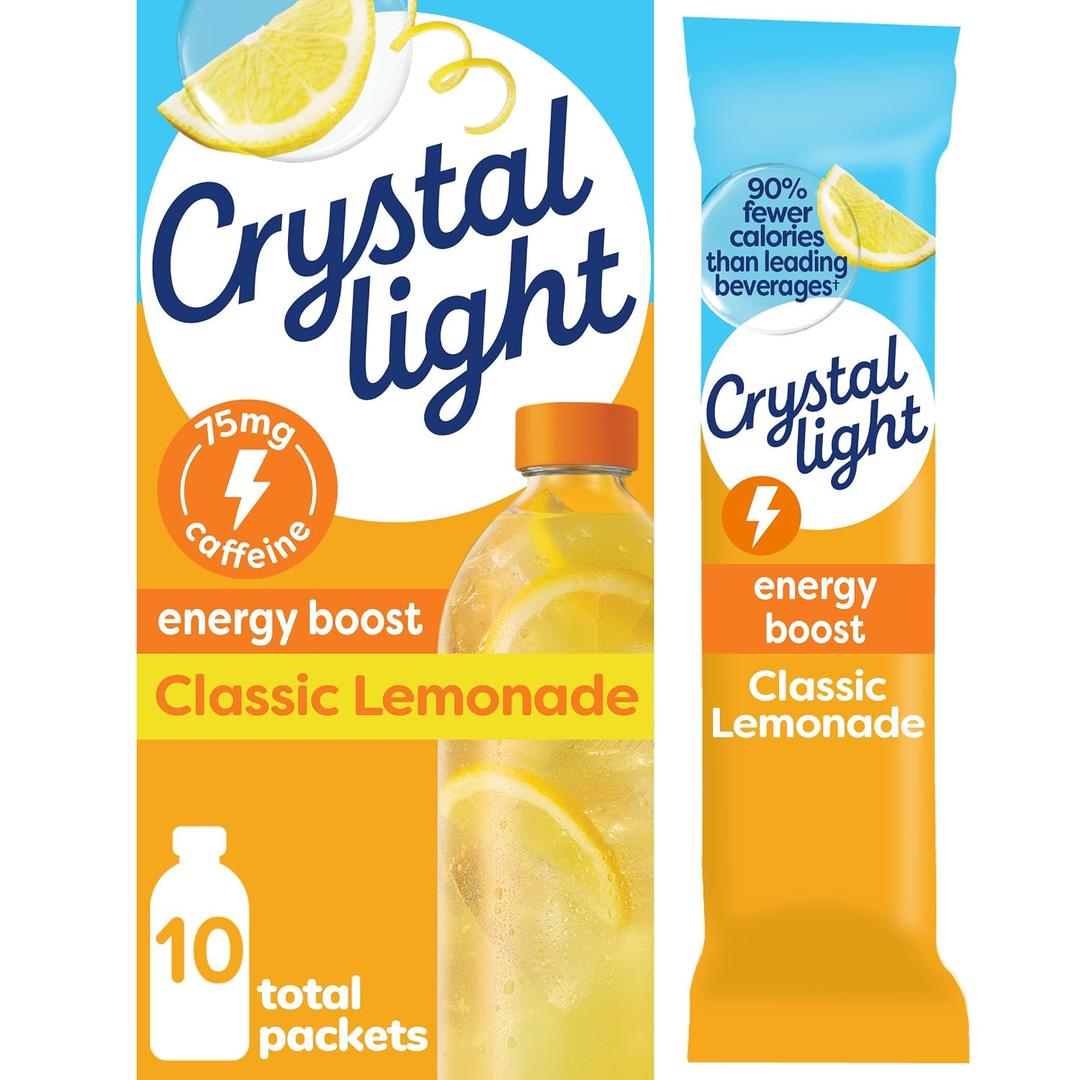 Crystal Light Energy Boost Powdered Drink Mix, 10 ct, Lemonade | 75mg Caffeine, Expiry: 06/03/27