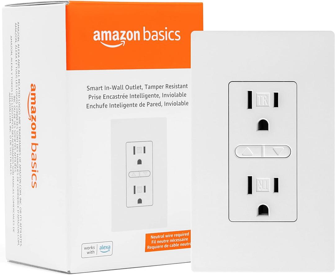 Amazon Basics Smart In-Wall Outlet, Works with Alexa Only, 15 Amps, 2.4 GHz Wi-Fi, No Hub Required, White