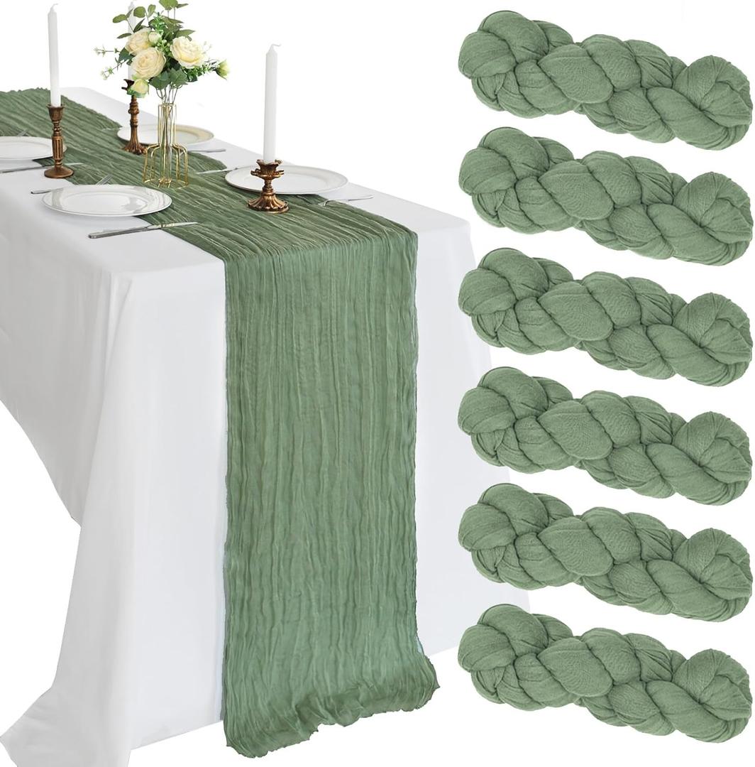 6 x 6 Pack 10FT Sage Green Cheesecloth Table Runner 120 Inch Long Gauze Rustic Boho Spring Cheese Cloth Table Runner Sheer Fabric Decorations for Holiday Party Wedding Banquet Bridal Baby Shower Dcor