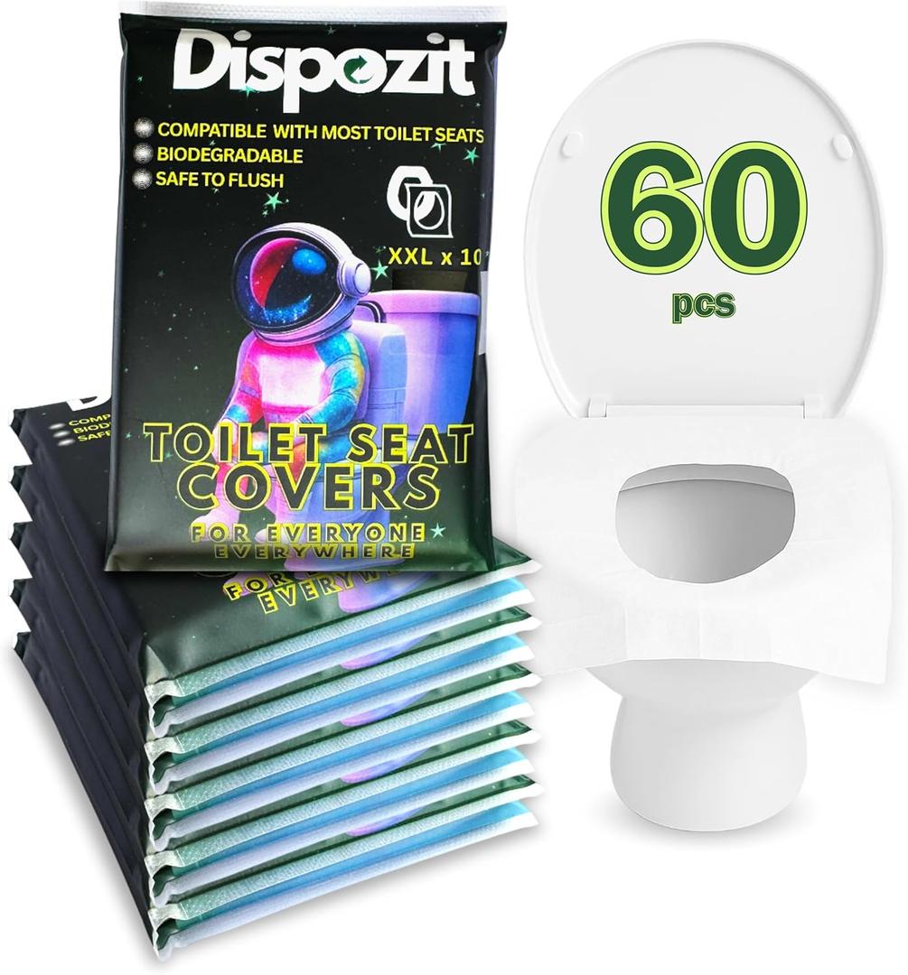 60 Pcs XL disposable flushable toilet seat covers 100% Biodegradable for Travel Public Toilets for Adults and Toddlers & Kids | Compact Universal Toilet seat Cover | DISPOZIT