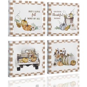 ArtbyHannah Framed Fall Canvas Wall Decor, Autumn Wall Art with Orange Pumpkin, Truck Prints Thanksgiving Harvest Home Decorations for Living Room Kitchen Stairway Bathroom (12x12 Inch, 4 Pack)