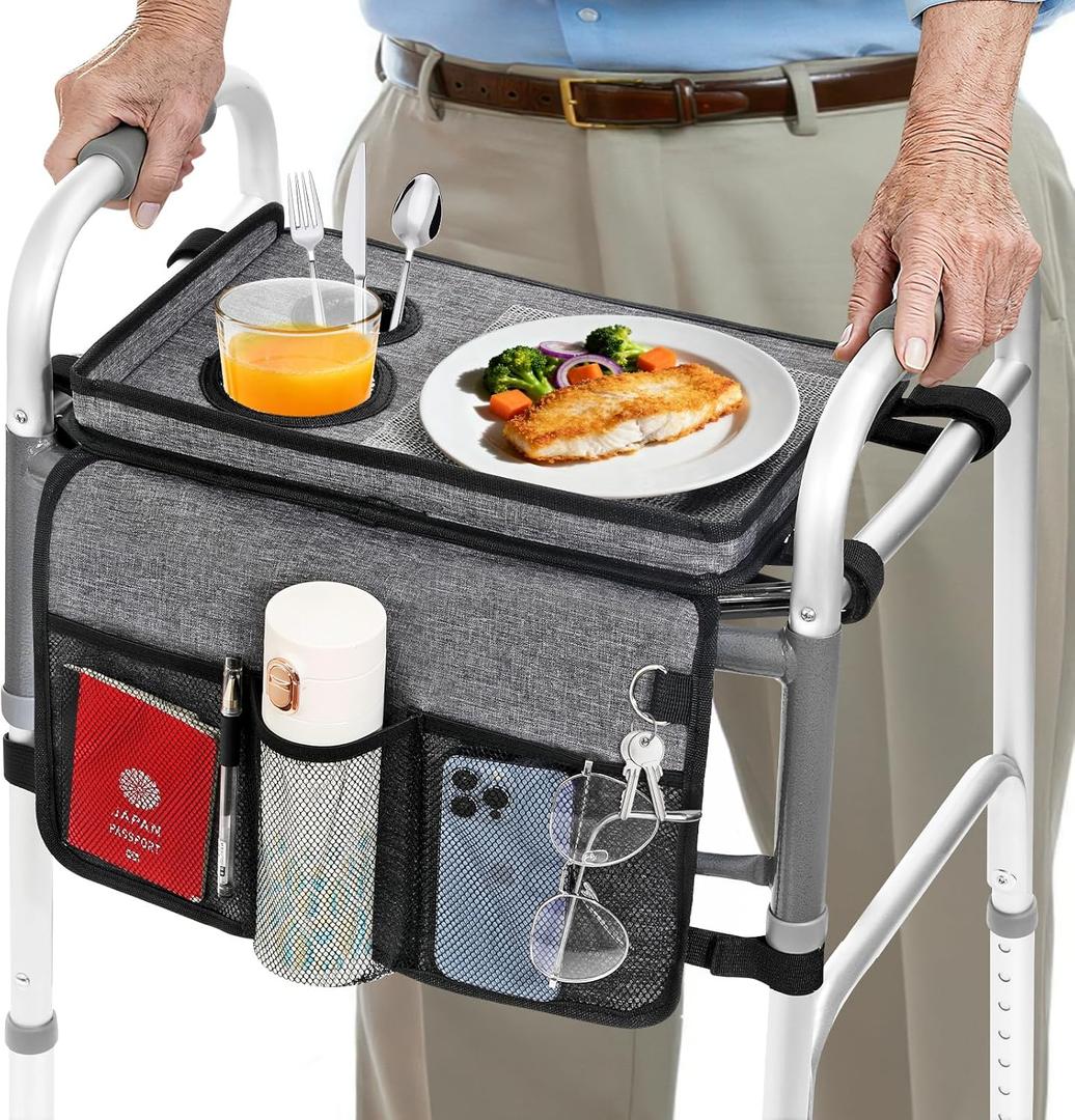 Rhino Valley Walker Tray for Folding Walker, Tray for Walkers with Non-Slip Mat for Food, 3 Front Pockets & 2 Cup Holders, Fits Most Standard Folding Walkers, Walker Accessories for Senior, Gray