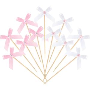 100 Pcs Coquette Bow Pearl Cocktail Picks 4.7" Pink Bow Toothpicks Bowknot Cocktail Appetizer Picks for Fruit Drink Dessert Wedding Party Supplies Bridal Birthday Baby Shower Party Decor(Pink,White)