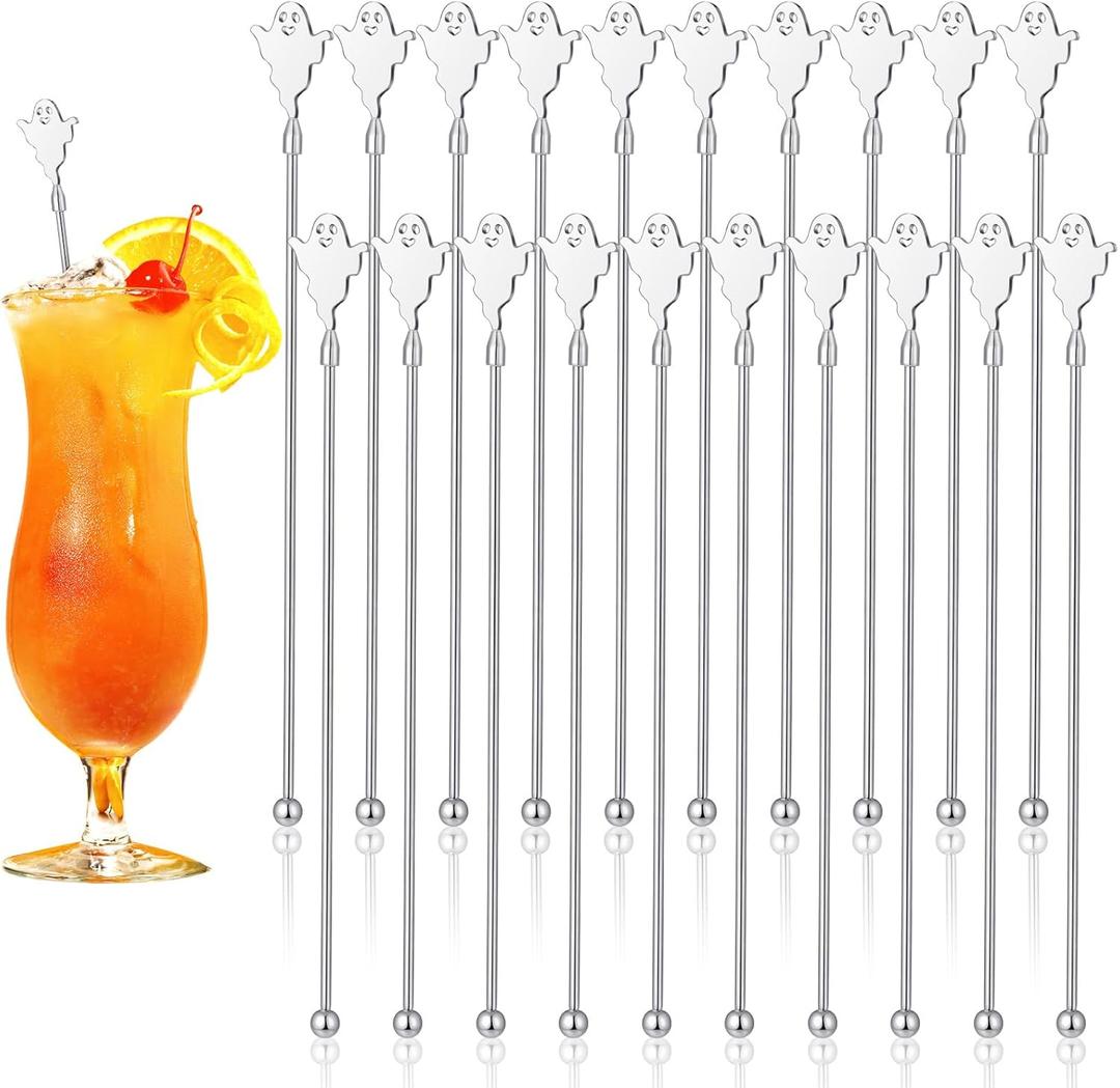20 Pcs Halloween Swizzle Sticks Stainless Coffee and Cocktail Stirrers 8.27 Inches Ghost Stirrers Reusable Cocktail Stir Sticks for Halloween Party Tea Coffee Bar Decoration