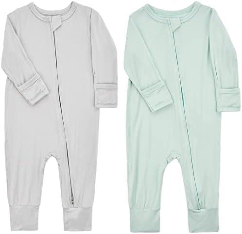 Aablexema Baby Footless Pajamas Zipper with Mitten, Rayon from Bamboo, Infant Long Sleeve Romper Pjs 6-12 Months