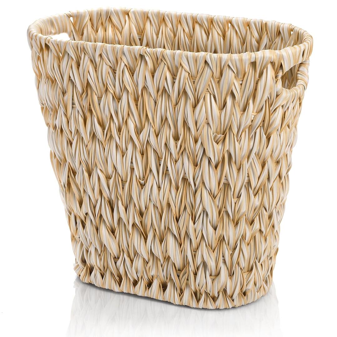 Wicker Trash Can, Plastic Woven Waste Basket with Built-in Handles, Bathroom Garbage Storage Container, Decorative Boho Rubbish Bin for Bedroom, Office, Kitchen, Laundry, Utility Room