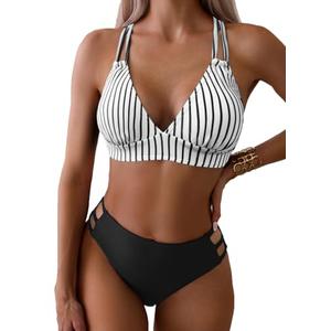 Fanuerg Women's V Neck Bikini Sets Hollow Out Push Up Swimsuit Criss Cross Back Two Piece Bathing Suit Black Stripe XL Fanuerg Women's V Neck Bikini Sets Hollow Out Push Up Swimsuit Criss Cross Back Two Piece Bathing Suit Black Stripe XL