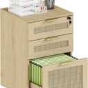 HOPUBUY 3 Drawer File Cabinet with Lock, Rattan File Cabinets with Wheels, Small Filing Cabinet for Hanging A4/Letter/Legal/F4, Rolling Wood Filing Cabinets for Under Desk Home Office, Oak