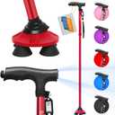 BigAlex Folding Walking Cane with LED Light,Pivoting Quad Base,Adjustable Walking Stick with Carrying Bag for Man/Woman (Alloy Base) (Red(4'9"-5'6"))