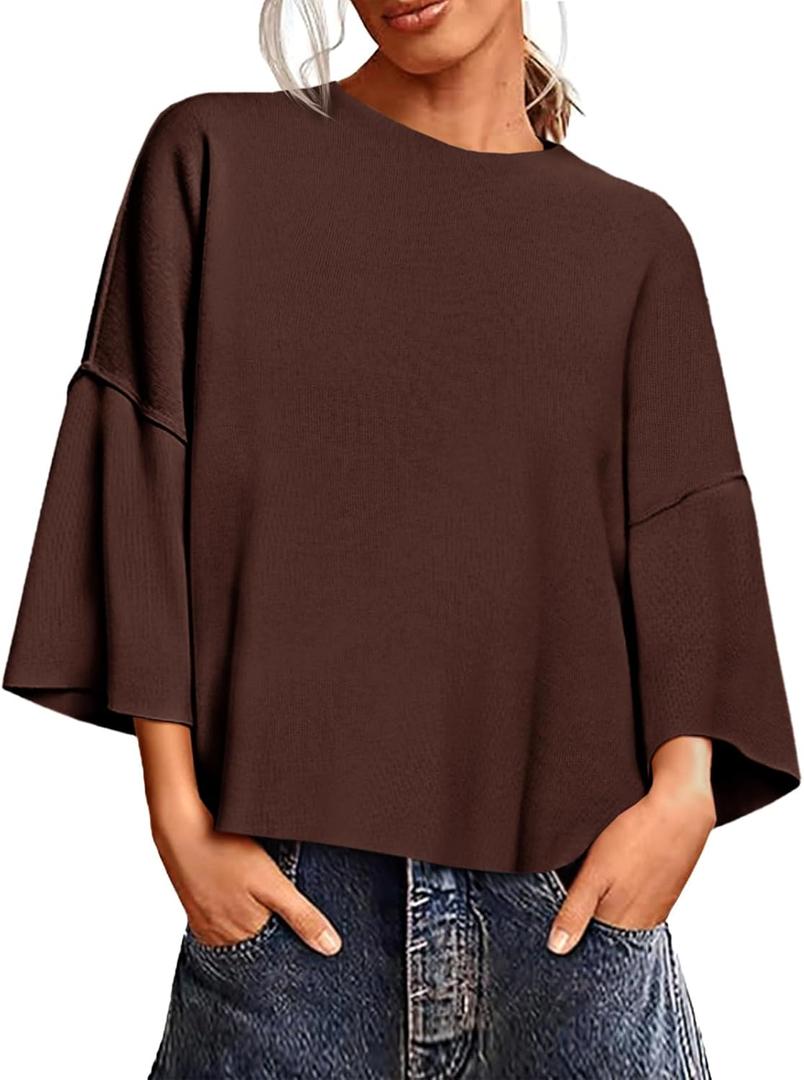 Saodimallsu Womens 3/4 Sleeve Sweaters Lightweight Crewneck Loose Pullover Casual Oversized Fall Knit Tops (S)