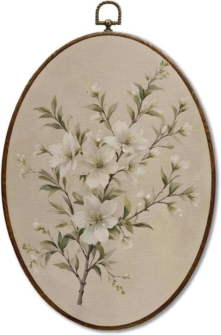 JQF Vintage Floral Oval Framed Wall Art, Cottagecore Retro Flower Botanical Oval Canvas Wall Decor, Rustic Floral Framed Prints Hanging Decor for Home Bedroom Living Room, 8.5x11.5 Inch (White)