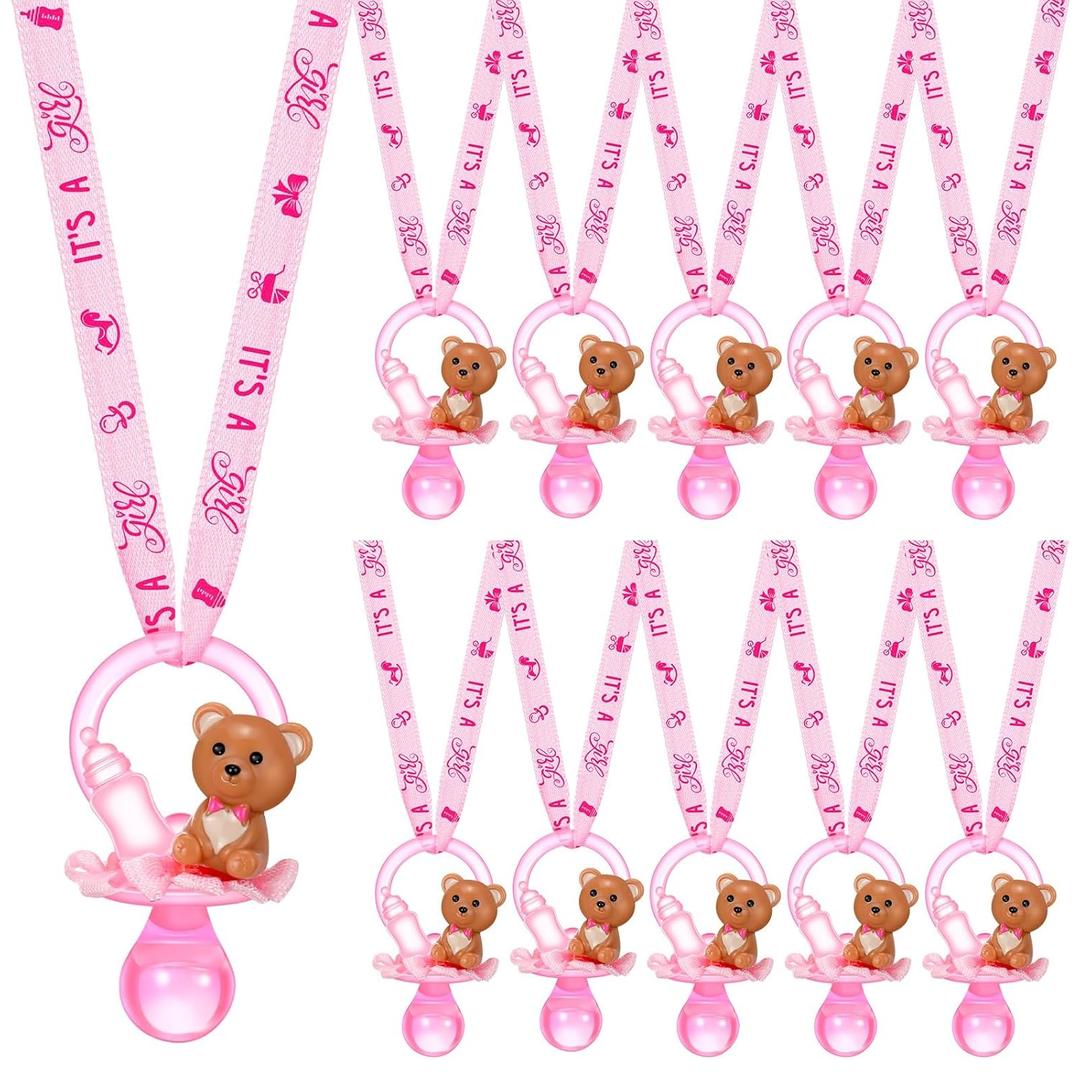 Coume 36 Pcs Baby Shower Pacifiers Necklace Bear Bottle Acrylic Baby Pacifiers Charm Necklace for Guests Gender Reveal Party Favors Prize Table Scatter(Girl,Pink)