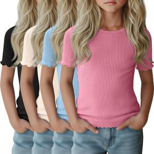 LessonZoo 4 Pack Girls Short Sleeve Tops Ribbed Cotton Lettuce Trim T Shirts Crew Neck Cute Basic Tees for Kids Teen 5-14Y(Black, Cream, Peach, Ice Blue,13-14y)