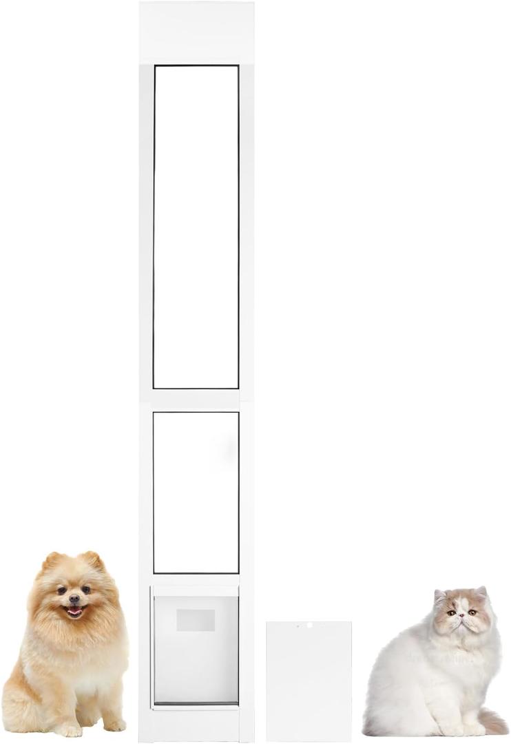 Cat Door for Sliding Glass Door,Adjustable Height 78" to 82",Pet Doors for Cats,Patio Sliding Door for Cats and Small Dogs Up to 40 Lb,White,Medium