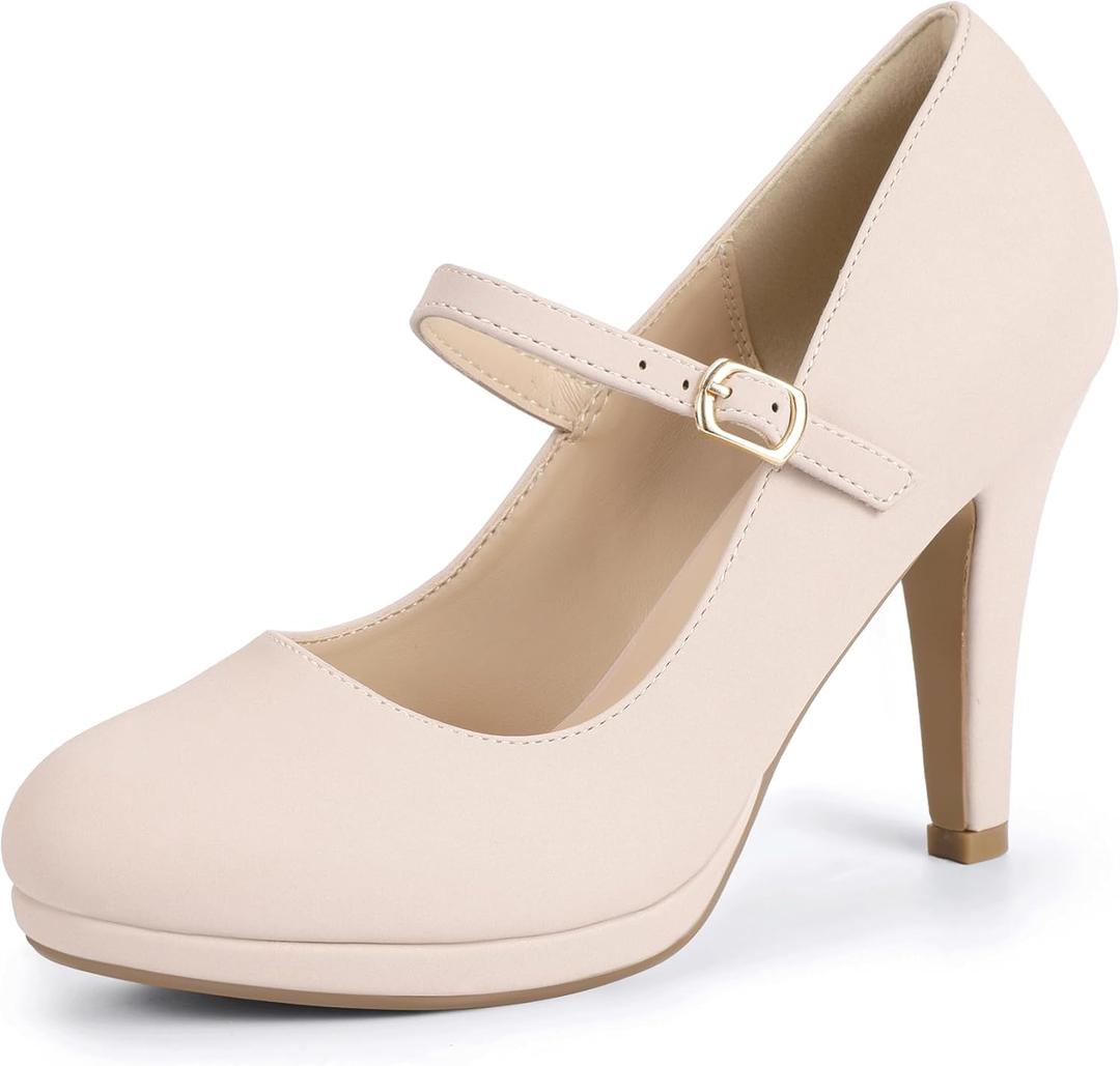 IDIFU IN4 Mary Jane Shoes Platform Closed Toe Heels High Stiletto Round Toe Women's Pumps Comfortable Dress Shoes for Women Wedding Prom Office Bridal Formal Bridesmaid Trendy Pumps Shoes (7.5, Nude Nubuck)