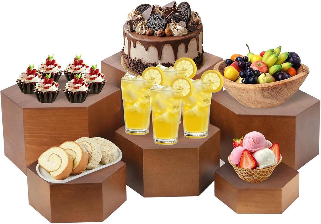 RETON 6 PCS Buffet Risers, Wood Food Risers for Buffet Table, Hexagon Display Stand Set with Hollow Bottoms, Cube Boxes for Cake Catering Dessert Party Jewelry (5.1", 5.9", 6.7", 7.5", 8.3'', 9'')