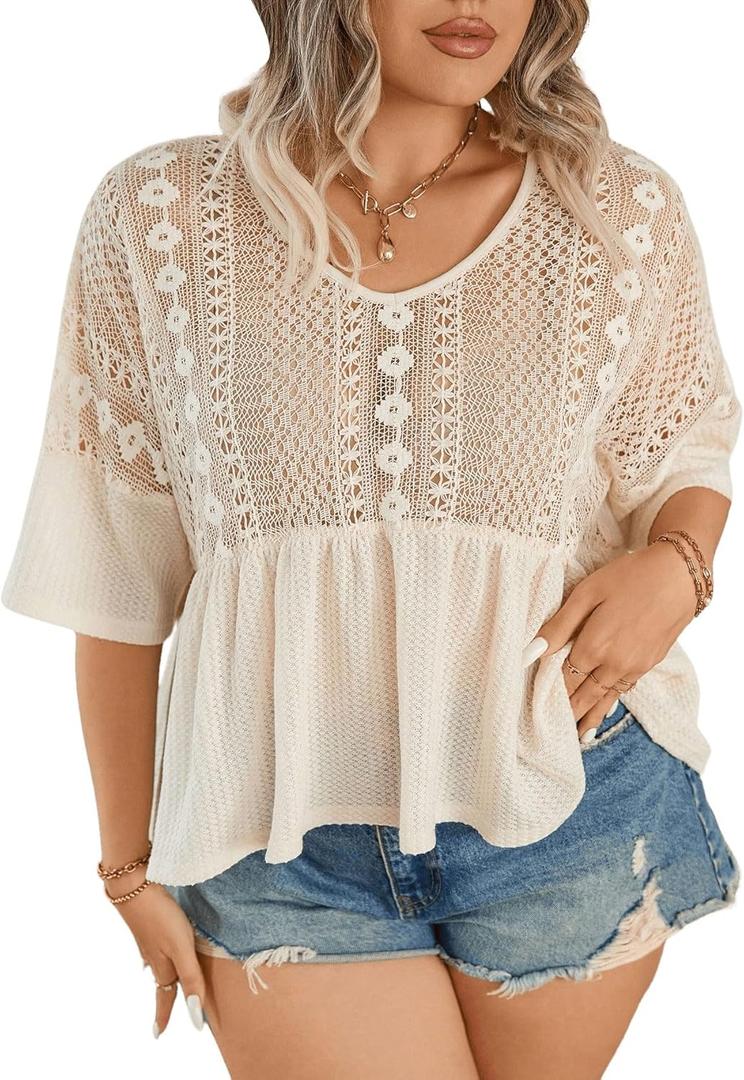 SOLY HUX Women's Plus Size V Neck Contrast Lace Half Sleeve Ruffle Hem Peplum Tee Tops
