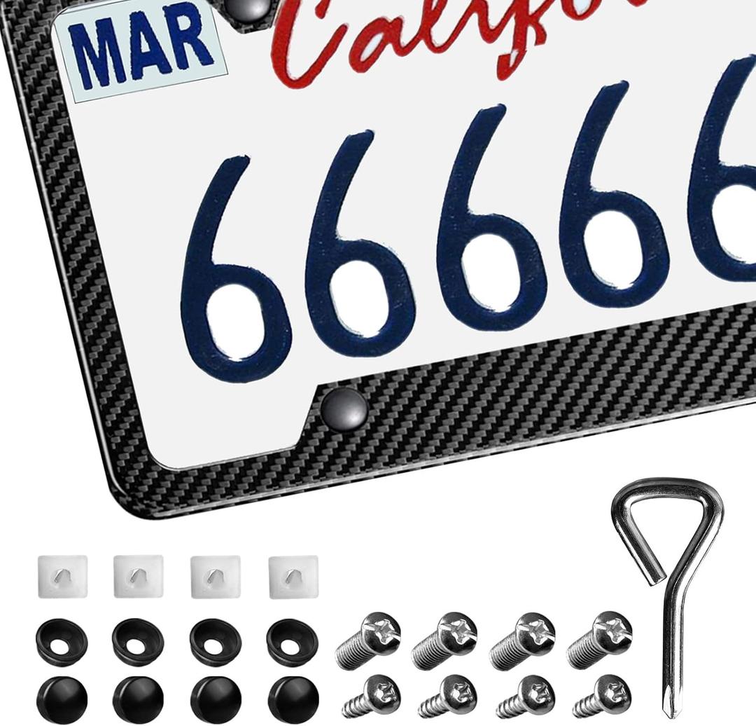 Real Carbon Fiber License Plate Frame, High Gloss Finish License Plate Holder with Mounting Tools, Car License Plate Cover Fit for US, Canada Vehicles(Wide Edge 1 Pack)