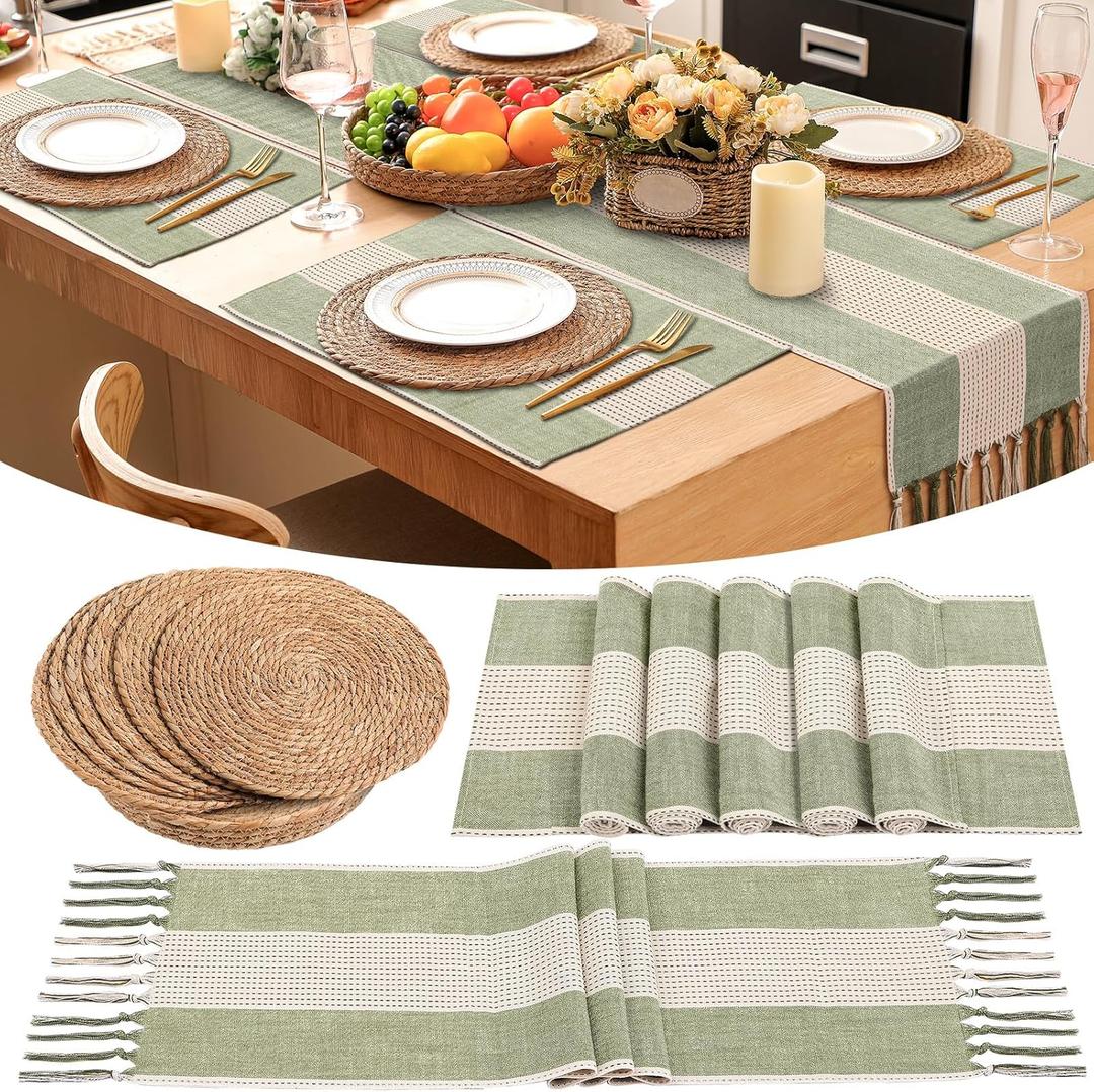 6 Sets Round Woven Boho Placemats, Long Sage Green Table Runner, Cotton Linen Placemats, Farmhouse Macrame Embroidered Striped Table Runner for Tables Christmas Wedding Party Decor (Novel)