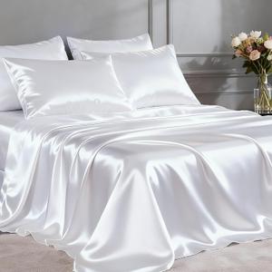 FreshCulture Satin Sheets Queen Size Bed Set- 4 Piece Luxury Soft Silky Queen Sheet Set, Similar to Silk Bed Sheets with 1 Deep Pocket Fitted Sheet, 1 Flat Sheet & 2 Pillowcases (White)