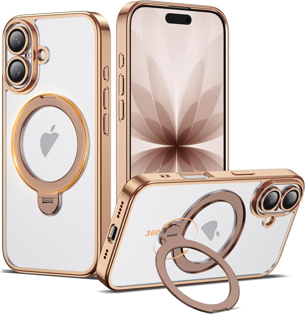 Compatible with iPhone 17 Case with 360 Spin Magnetic Ring Stand [Compatible with Mag-Safe] Full Camera Lens Protector Plating Clear Phone Case for iPhone 17 6.3", Desert Gold