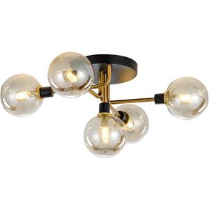KCO Lighting 5-Light Mid-Century Modern Glass Globe Semi Flush Mount Ceiling Light Black and Gold Brush Metal Sputnik Chandelier Farmhouse Vintage Close to Ceiling Lighting (Amber)
