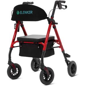 ELENKER All-Terrain Rollator Walker with 8 Non-Pneumatic Wheels, Sponge Padded Seat and Backrest, Fully Adjustment Frame for Seniors,Red