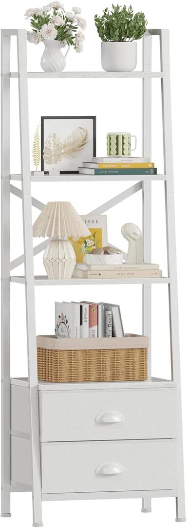 Furologee 4-Tier Ladder Shelf,Small Bookshelf with 2 Drawers,Vertical Bookcase Storage Rack Organizer,Display Bookshelves for Living Room,Bedroom,Bathroom,Home Office,Kitchen,White