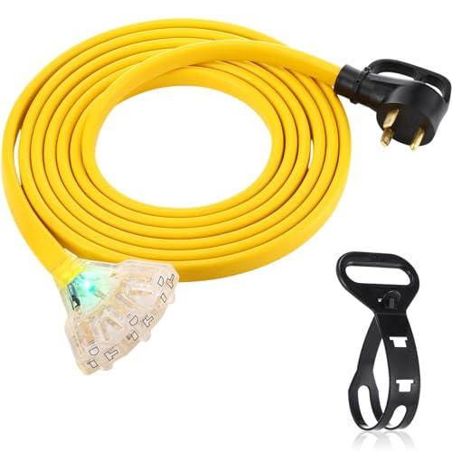 Tellegloww 15 FT Flat RV Generator Adapter Cord Compatible with NEMA TT-30P to 3X 5-20R/5-15R, 30A to 110V 15/20 A Household Outlet Adapter, 10 Gauge RV Generator Extension Cord, ETL Listed, Yellow