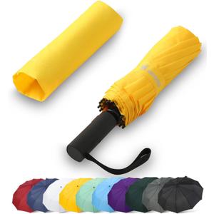 GAOYAING 46 Inch Large Automatic Travel Umbrella, 12 Ribs Windproof Design, Heavy Duty Strong 210T Pongee Fabric Folding Umbrella with Sleeve, Yellow