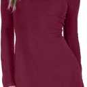 Women Sexy Boat Neck Backless Mesh Mini Dress Solid Slim Fit Bell Long Sleeve Self Tie Back Sheer Short Dresses (Small, Burgundy)