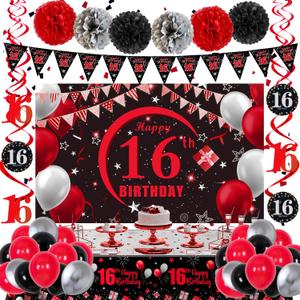 16th Birthday Decorations for Boys Girls Red and Black, Happy 16th Birthday Backdrop Banner, 16 Birthday Party Decorations Balloons Triangle Flag Tablecloth, 16 Year Old Boy Girl Bday Party Supplies