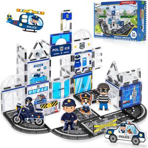 60PCS Police Station Magnetic Tiles Set with 6 Magnetic Dolls,Magnet Tiles Building Blocks for kids,Toy for Boys 3-5 4-8-12 Gifts,STEM City Police Toys Include Policeman,Puppy,Criminal,Vehicles,Prison