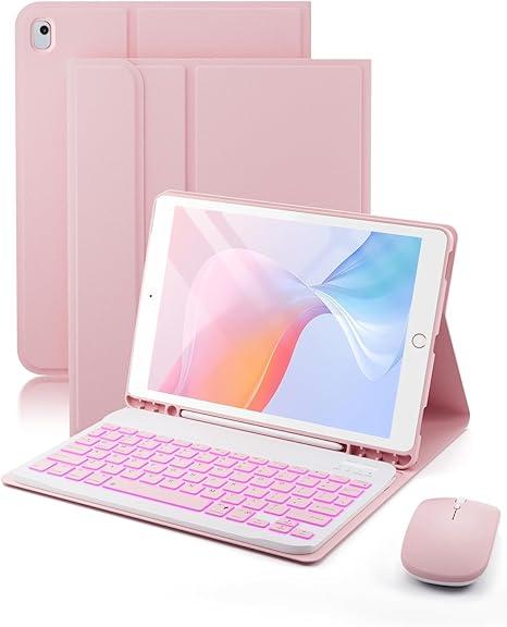 TUNKARMOR for iPad 9th / 8th / 7th Generation 10.2 inch & iPad Air 3rd Gen & iPad Pro 10.5 inch Case with 7 Color Backlit Keyboard  Built in Pencil Holder with Mouse (Pink)