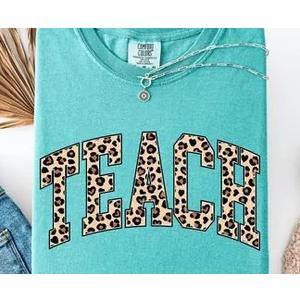 RECUTEWU Teacher Shirts for Women: Embroidery Teach T-Shirts Leopard Teaching Graphic Gifts Short Sleeve, S