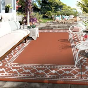 Waterproof Outdoor Rug 9x12 Ft, Reversible Plastic Straw Rug, Easy to Clean Modern Bordered Patio Rug, Portable Carpet for Patio, RV, Deck, Balcony, Backyard, Picnic, Beach, Clover,Terracotta