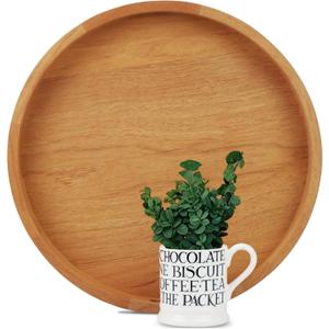 16 Inches Extra Large Round Teak Wood Ottoman Tray with Handles, Serve Tea, Coffee Classic Wooden Decorative Serving Tray