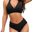 AI'MAGE Womens High Waisted Bikini Sets Tummy Control Two Piece Swimsuit 2025 Ribbed Color Block Halter Bathing Suits (Large, Black)