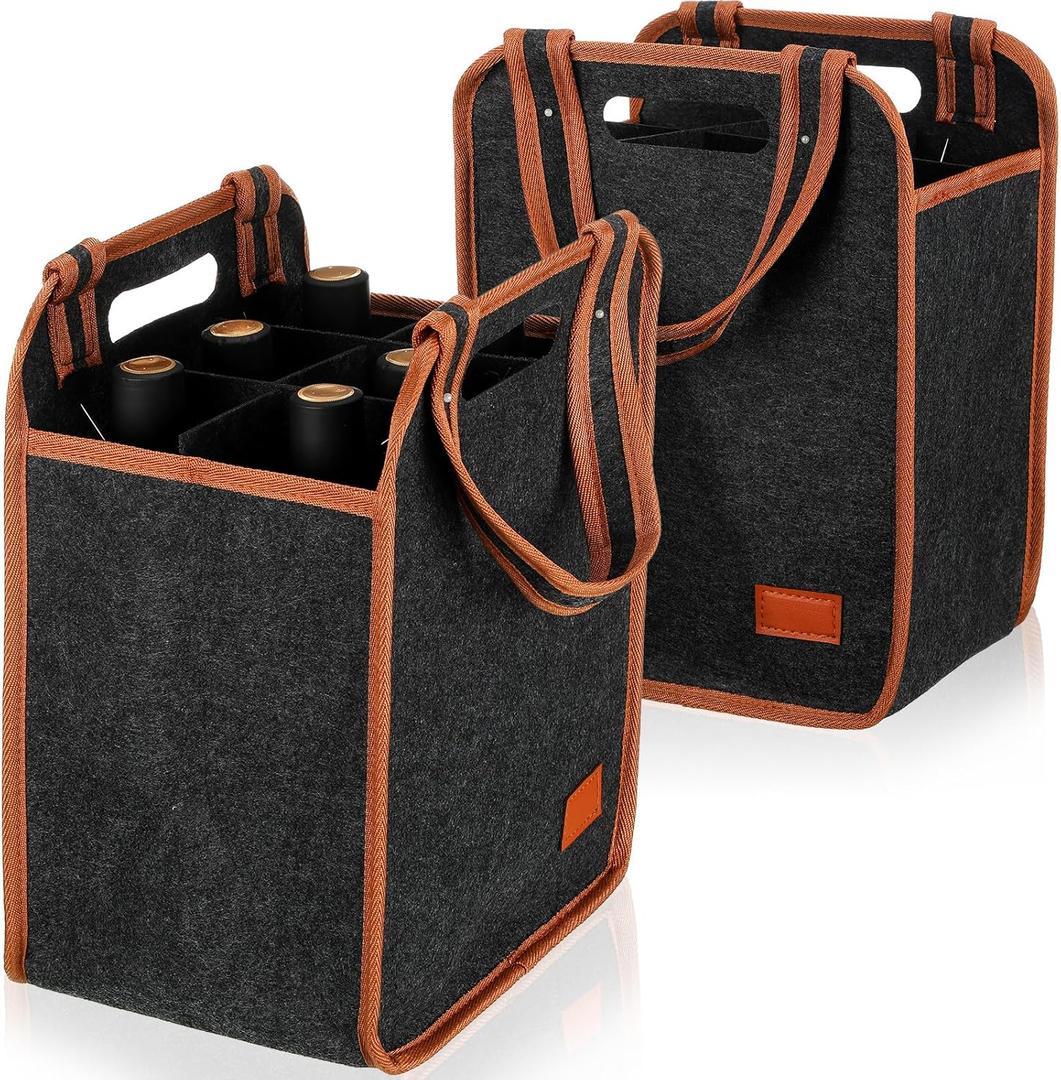 2 Pack Wine Carrier 6 Bottles Tote Reusable Wine tote Bags Insulated Grocery Bags for Christmas Travel, Camping and Picnic(Brown,9.45" X 7.09" X 12.99")